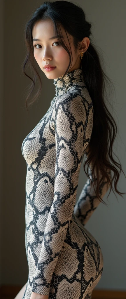 The most beautiful,thin,most pretty and clever Asian Chinese adult girl wears snake lycra turtleneck unitard catsuit .She always wear snake print lycra dancewear hijab-like hood.