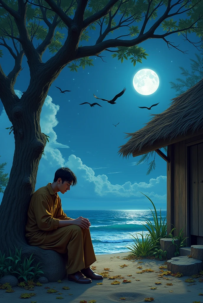 A cleric wearing a brown shirt but without a peci sits leaning against a tree near a wooden hut with dry branches, fallen leaves near the ocean, the night is bright with a moon and stars and flying butung birds.