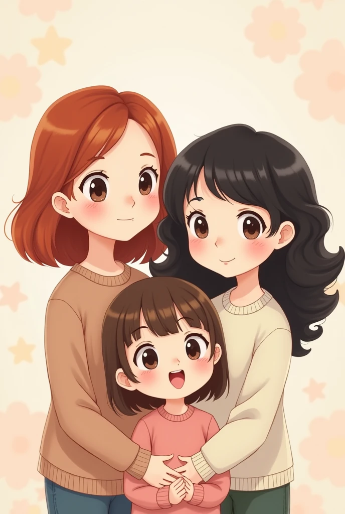 Help me create a WhatsApp profile picture with three kawaii characters. A teenager with straight, shoulder-length hair, A red-haired mom and an adult daughter with curly black hair