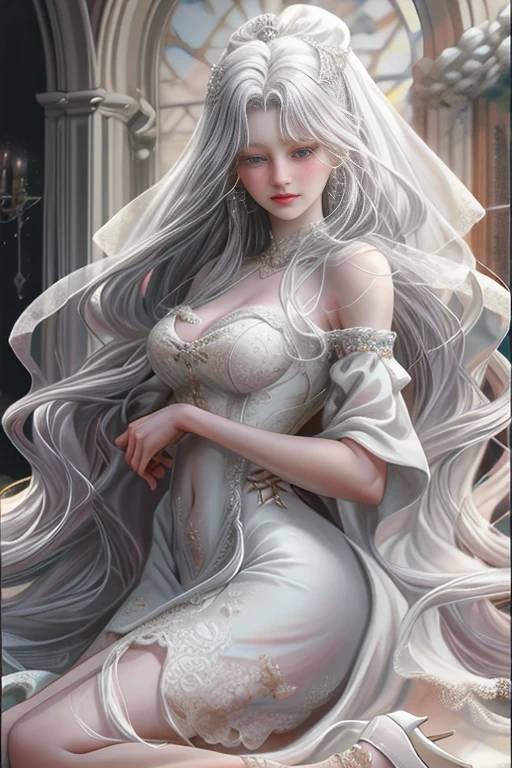 A beautiful lady, with a long white strapless dress that covered her beautiful and mature body to the floor but only on one side leaving the other free to the eyes, her skin was a creamy chocolate tone that made a beautiful contrast with the white dress and her full figure whether hips or busts they were juicy to the eyes, a delicate face, thin lips and thin nose, her eyelashes were white that matched her gray eyes and long white hair that ended near her heels.