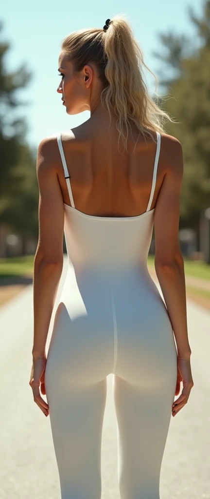 (highly detailed) Hot young tennage girl is wearing dark matte white tight polyester bodysuit she has blond wavy hair freckles and her ass is bigger her brest is big HD real photo 8K she is fit her waist is slim she is looking very young her brest is very big she curves her face is looking very young and thin she is looking young she is standing on a walk she has very big ass view from the ass Her is jiggling her ass is big she is wearing ponytail her ass is fit her ass is eating her shorts she has big