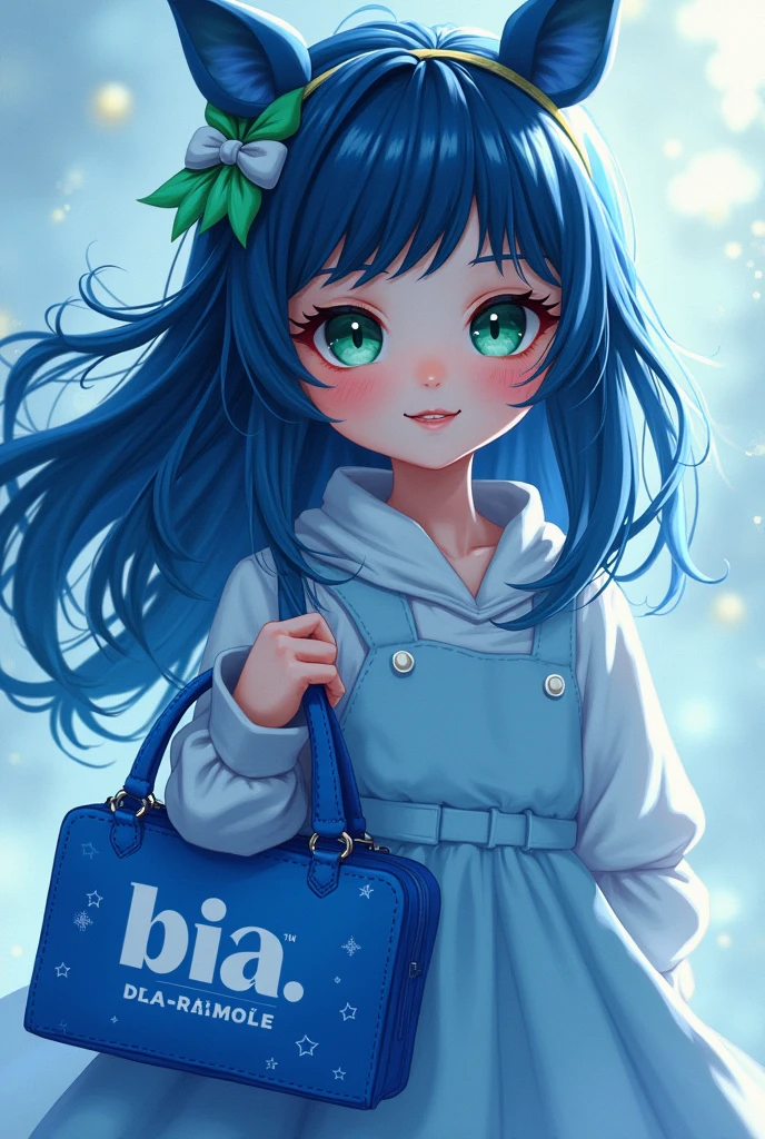 create a playfully all sky blue character with dark blue hair and aqua green eyes holding a blue “bia brand” bag of clothes
