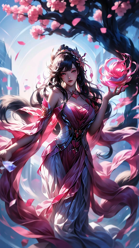 best quality,masterpiece,Ultra-high resolution,(truthfully:1.4),,The sky is full of peonies(background),20-year-old Peony Fairy(oriental woman),Pink shawl long hair,Cute eyes,Sexy body,Wearing a peony lace skirt,Half-reclining man reading and drinking among peonies.