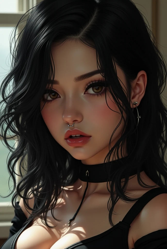Girl with semi-long black hair, skin between white and brown, with a voluptuous and marked body, Dark brown semi-slanted eyes with an intense and mocking look and slight dark circles, about 1m tall,60cm. With a piercing (SEPTUM) on the nose, small but full lips, forehead neither too big nor too small. Black and marked clothing. 