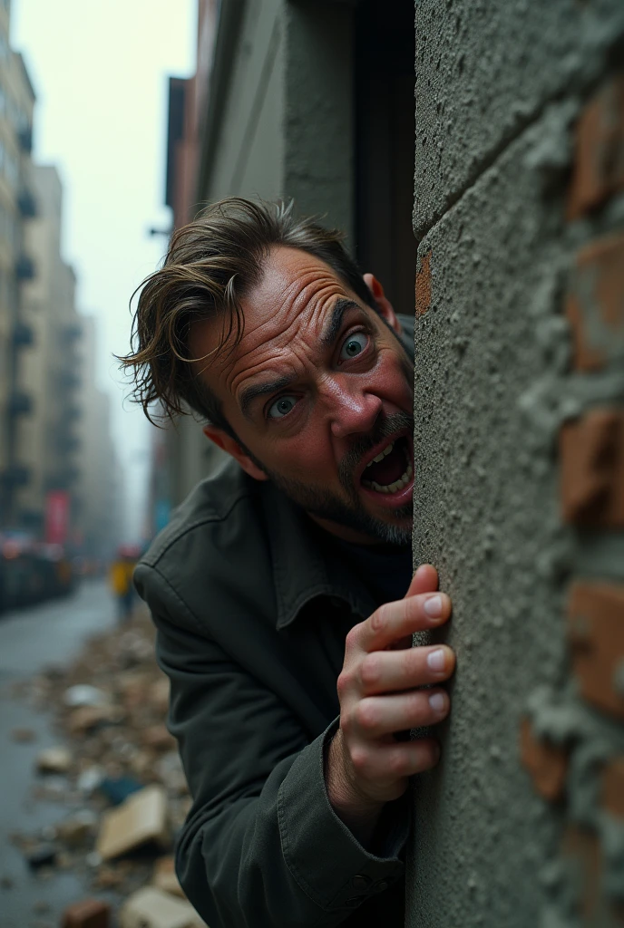 Close up of a terrified man hiding on the side of a building in a rampaged San Francisco city 