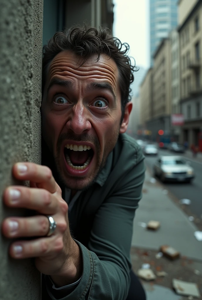 Close up of a terrified man hiding on the side of a building in a rampaged San Francisco city 