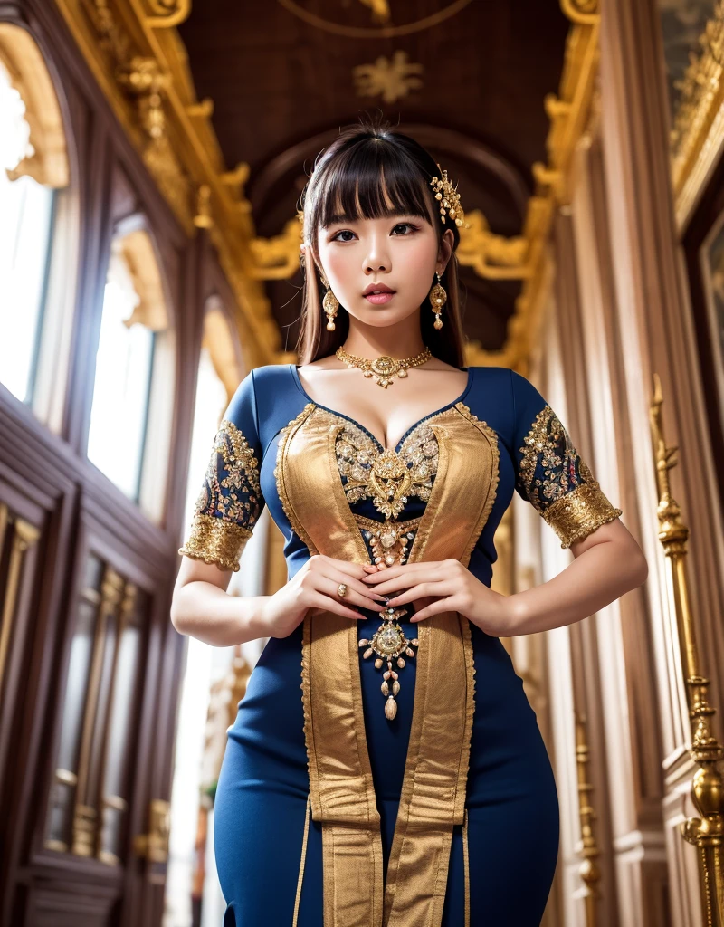 A woman in an opulent traditional Thai outfit, hands together, posing confidently in front of a majestic royal palace, with golden light illuminating her figure, enhancing the intricate details of her attire.