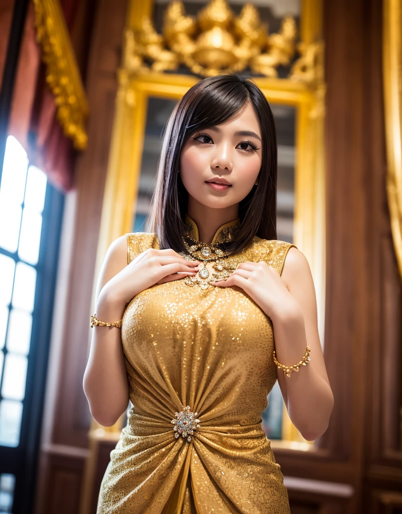 A woman in an opulent traditional Thai outfit, hands together, posing confidently in front of a majestic royal palace, with golden light illuminating her figure, enhancing the intricate details of her attire.