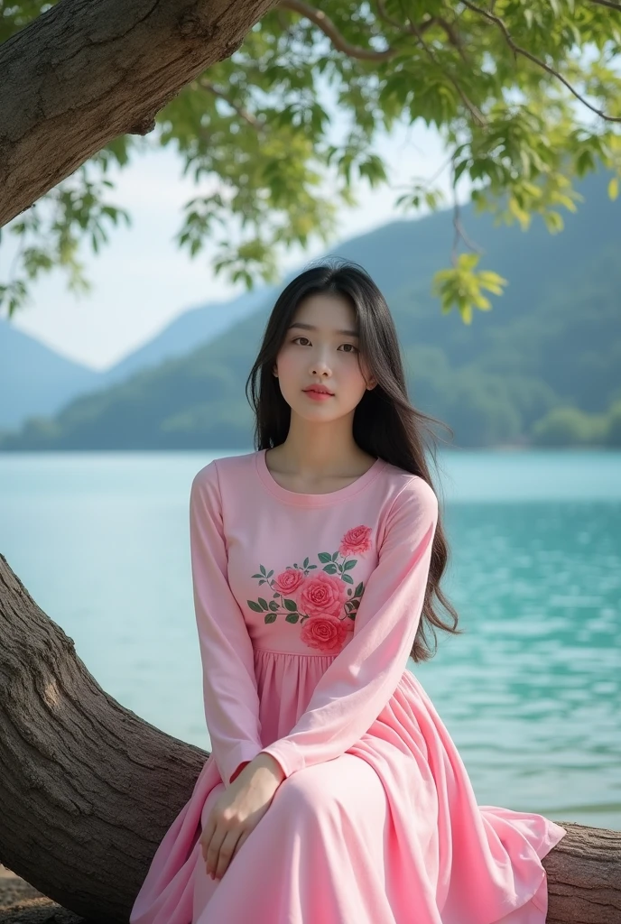 beautiful Korean woman, smooth white skin, well-groomed face, rambut panjang rumbai hitam,pink long sleeve floral t-shirt,big rose wearing a long wide pink skirt,, sitting leaning under a big tree, looking at the camera, ditemani kucing anggora berukuran besar, background sungai biru mengalir, mountains and white clouds, full HD photos with clear contrast without defects, all over the body,Original photo,Realistic