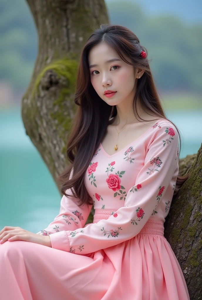 beautiful Korean woman, smooth white skin, well-groomed face, rambut panjang rumbai hitam,pink long sleeve floral t-shirt,big rose wearing a long wide pink skirt,, sitting leaning under a big tree, looking at the camera, ditemani kucing anggora berukuran besar, background sungai biru mengalir, mountains and white clouds, full HD photos with clear contrast without defects, all over the body,Original photo,Realistic