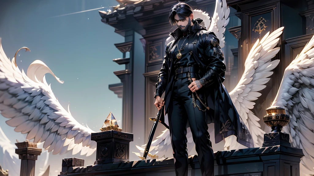 Daegan(1), male_character, detailed_face, no more characters, angel wings (symmetrical style), blue eyes (iris color), small beard, black hair, wearing black techwear jacket and trousers with buckle and tape, ((a crystal necklace)), holding one katana, tattooed, arm pointing sky (body), visual harmony, epic scenery, extremely detailed CG unity 4k wallpaper, best quality, amazing quality, very aesthetic, (ominous shadows:1.1), (flowing robes:1.1), (detailed folds and creases:1.1), (intense purple aura:1.2), (symbols of power surrounding him:1.1), (magical energy radiating:1.2), (spellcasting gestures:1.1), (ethereal particles:1.1), (dynamic pose:1.2), (epic soundtrack:1.2), (sense of awe:1.1), (magical prowess:1.1), over power, power up, sphere, extreme, focused.