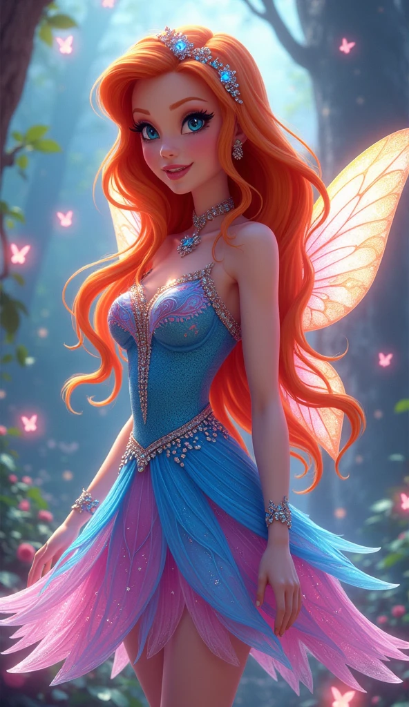 Bloom from *Winx Club* is a character with bright, fiery red hair that flows in loose waves. She has blue eyes and a fair complexion. Her outfit typically includes a blue and pink fairy dress with sparkling accents and butterfly or star motifs. She often wears matching accessories like a headband and shoes. Bloom’s overall look is vibrant and magical, reflecting her powers as the Fairy of the Dragon Flame