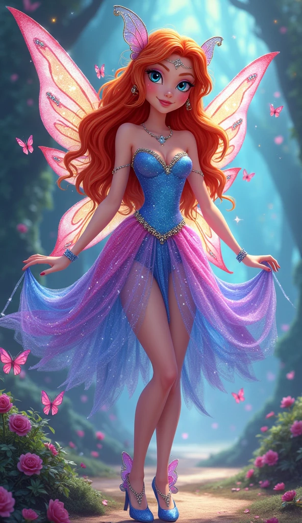 Bloom from *Winx Club* is a character with bright, fiery red hair that flows in loose waves. She has blue eyes and a fair complexion. Her outfit typically includes a blue and pink fairy dress with sparkling accents and butterfly or star motifs. She often wears matching accessories like a headband and shoes. Bloom’s overall look is vibrant and magical, reflecting her powers as the Fairy of the Dragon Flame