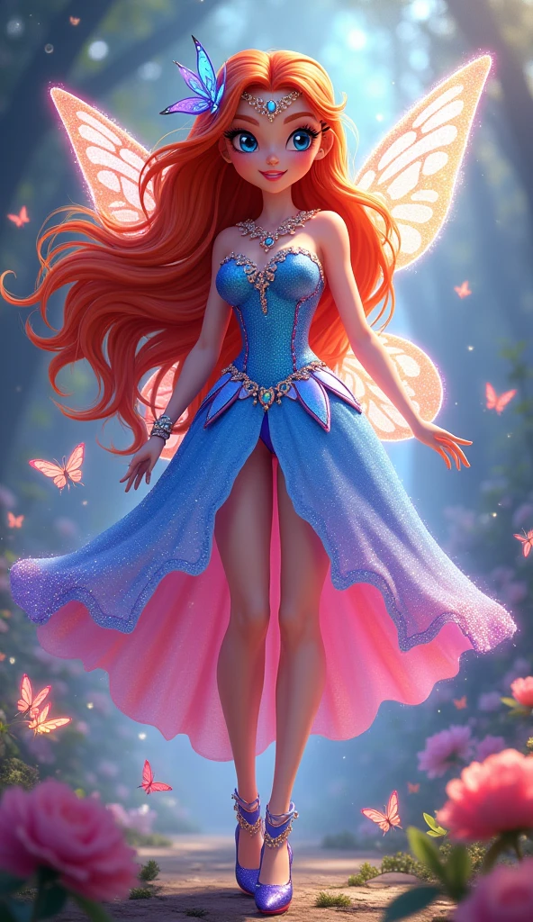 Bloom from *Winx Club* is a character with bright, fiery red hair that flows in loose waves. She has blue eyes and a fair complexion. Her outfit typically includes a blue and pink fairy dress with sparkling accents and butterfly or star motifs. She often wears matching accessories like a headband and shoes. Bloom’s overall look is vibrant and magical, reflecting her powers as the Fairy of the Dragon Flame