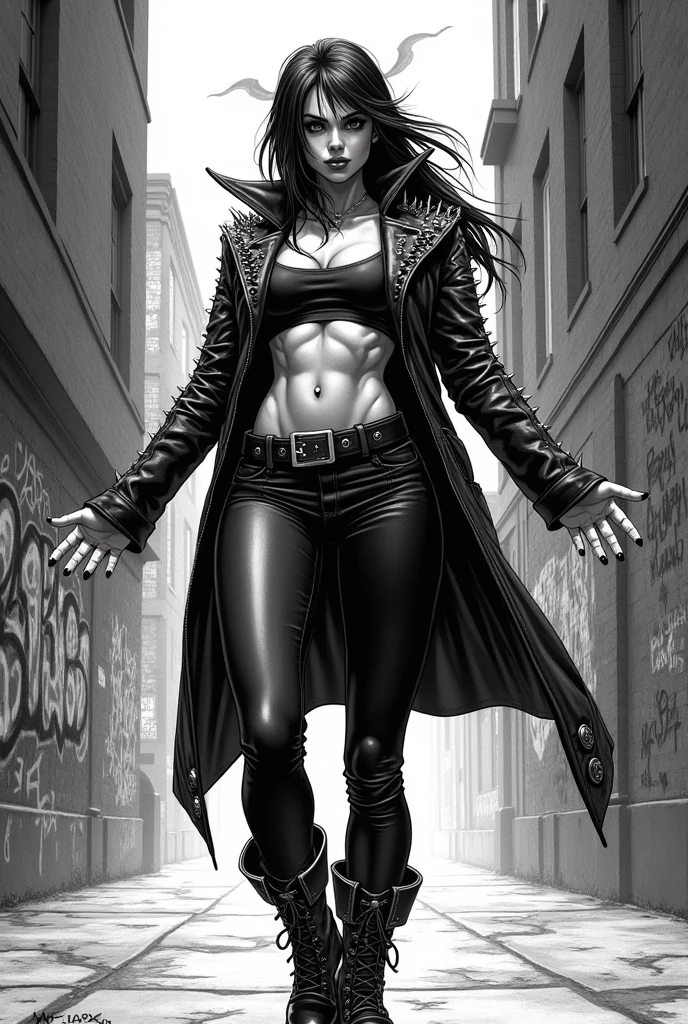 Monochrome manga art style, formidable Double Dragon's Marian, exuding confidence as a powerful gang boss, commanding presence with striking poses, sharp black leather jacket adorned with bold silver spikes, tightly fitted pants, combat boots, fierce expression showcasing her determination, dynamic action stance featuring outstretched arms, urban alleyway backdrop filled with graffiti, dimly lit streetlamps casting shadows, intense inked contrast accentuated by detailed hatching and cross-hatching, defining muscularity and curves, confident smirk hinting at defiance, intricate detailing on her outfit highlighting the raw materials, heavy black inking enriching the atmosphere with depth and drama, composition emphasizing the character's dominance within the frame, juxtaposition of light and shadow creating a sense of tension, striking balance of elegance and toughness, set in a gritty cityscape reflecting an underworld theme, meticulous attention to  expressions conveying strength and resilience, overall composition vibrant yet moody reflecting classic manga storytelling, seamlessly integrating into a larger narrative of action and empowerment, classic manga  featuring defined lines and high contrast throughout