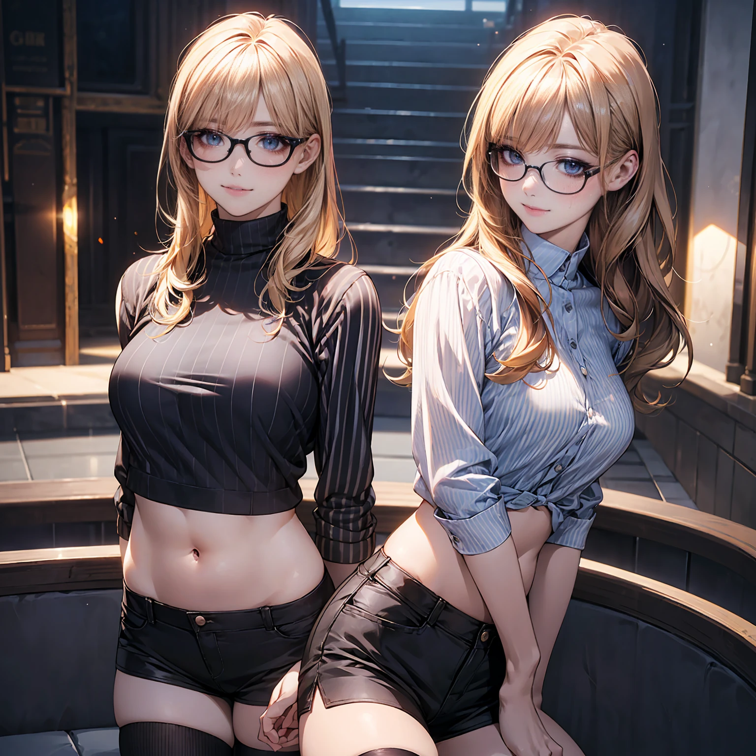 (masterpiece:1.2, Highest quality), (Realistic, photoRealistic:1.4), Beautiful illustrations, (Natural Side Lighting, Cinema Lighting), Looking at the audience, Upper Body, (Front view), 1 girl, Perfect Face, Cute face, Glowing Skin, Baby Face, Long eyelashes, (Large Breasts), (Wide Hips),Beautiful Hair, Beautiful Face, Beautiful and beautiful eyes, Beautiful body, Beautiful breasts, Beautiful thighs, Beautiful legs, Beautiful fingers,(Beautiful views),(Cute Smile:1.2, Superior),woman with a Striped shirt, Stockings and high heels open legs, And turn to the side, One girl, alone, Glasses, belly button, 丸いGlasses, shirt, Knee-high socks, Striped, Knee socks, abdomen, Striped shirt, Long Hair, View your viewers, Blonde, 黒縁Glasses, indoor, Crop top, short Shorts, Long sleeve, Shorts, black Shorts, black Knee socks,, Put your arms behind your back