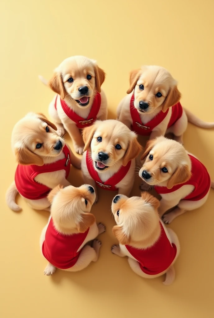 7 GOLDEN RETRIEVERS IN RED OVERALLS VIEWED FROM ABOVE