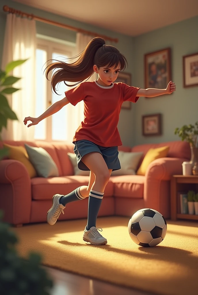 famous girl playing soccer at home, Brown hair, 
