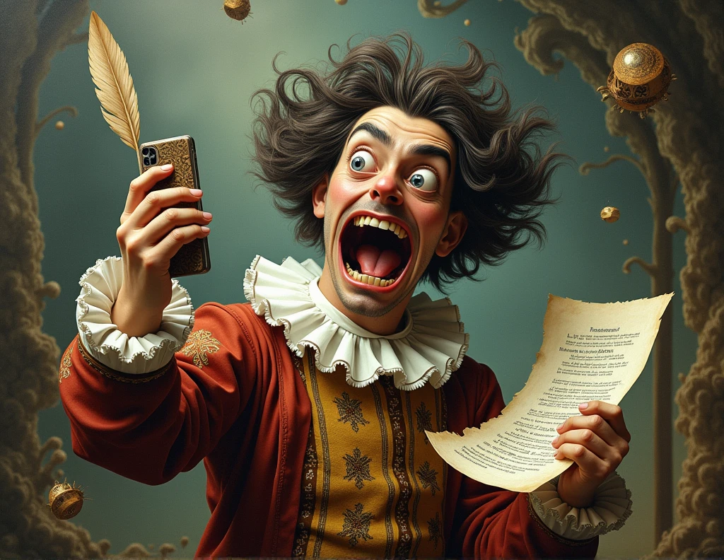 Luis de Gongora with the poem " to jealousy" taking a selfie with the poem with a crazy face