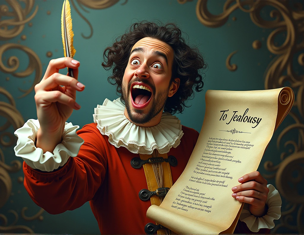 Luis de Gongora with the poem " to jealousy" taking a selfie with the poem with a crazy face