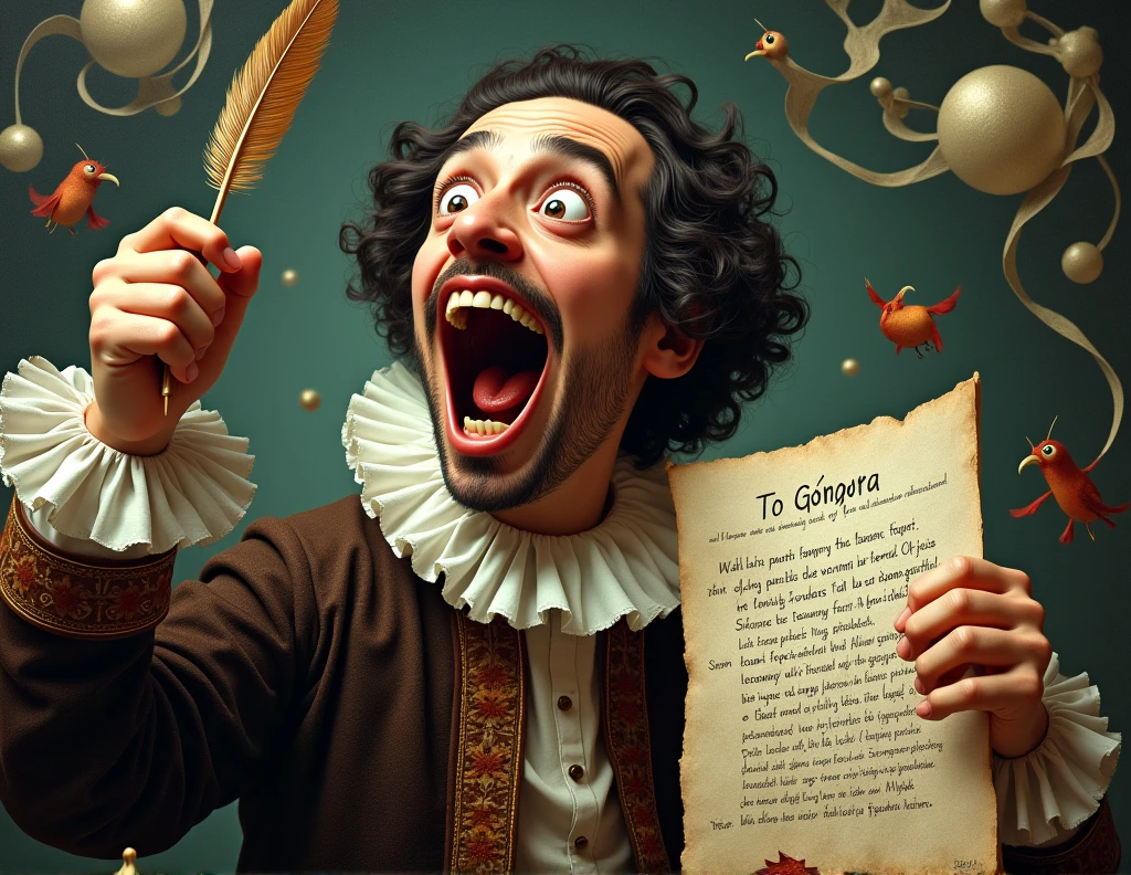Luis de Gongora with the poem " to jealousy" taking a selfie with the poem with a crazy face
