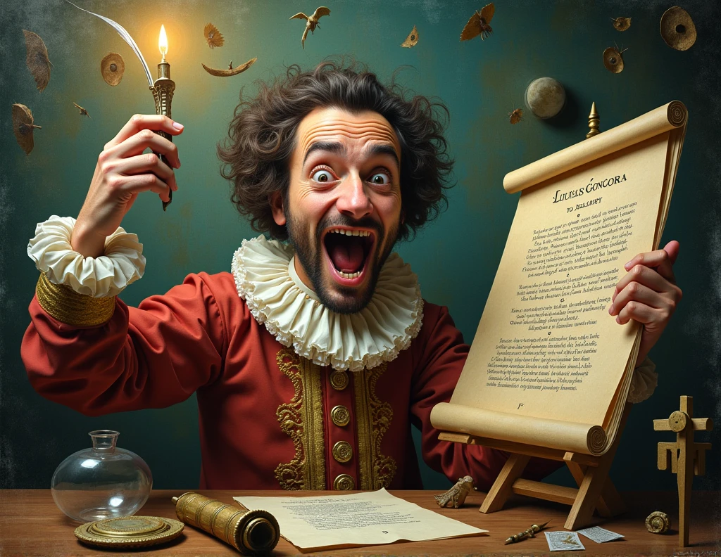 Luis de Gongora with the poem " to jealousy" taking a selfie with the poem with a crazy face