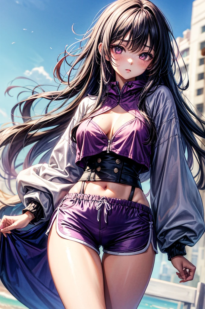 ((Sketch)), ((Watercolor)), ((best quality)), ((masterpiece)), (detailed), 4k image, anime style, beautiful young girl, young 1 teenager, her aura oozes youth, tanned white skin, oval shaped face, cherry pink lips, big round velvet colored eyes, C-cup breasts, sharp and arrogant facial features, slender body yet curvy type, full oversized hoodie reaching thighs(one color), loose dolphin shorts, Sleek waist length dark violet purple-black hair, small narrow waist, small but full curvy hips, tall height(175cm)