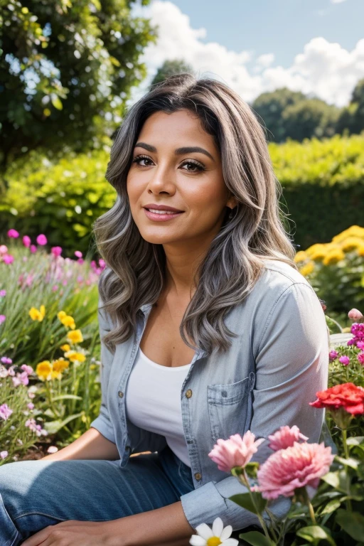 40 year old Latina woman with some gray hair in a garden with flowers looking at the sky