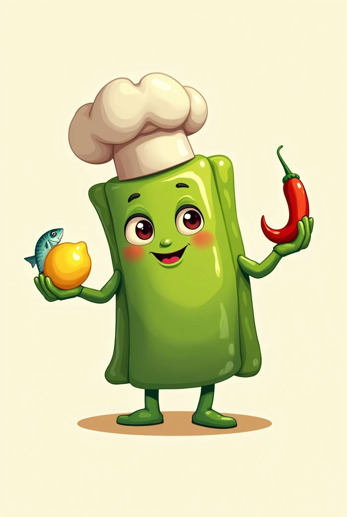 I need a photo of a rectangular tamale that has a chef&#39;s hat on it, with hands and legs and face, that he has a small fish in his hand and in the other a lemon and a chili pepper, Please note that the tamales are green in color, to make a logo for my store
