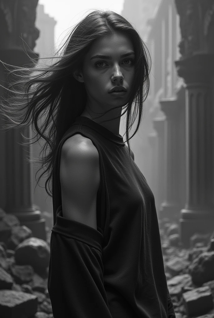 (Monochrome:1.3), Black and White Photography, Dark Theme, (Realistic, Photo-Realistic:1.37), (ohwx woman), wearing a sleeveless sweatshirtRealistic, Cowboy Shot, Fantasy World, Dark Colors, Dramatic Lighting, Mystical Atmosphere, Flowing Hair, Surreal, Intricate Details, Ethereal Beings, Supernatural Elements, Ancient Ruins,