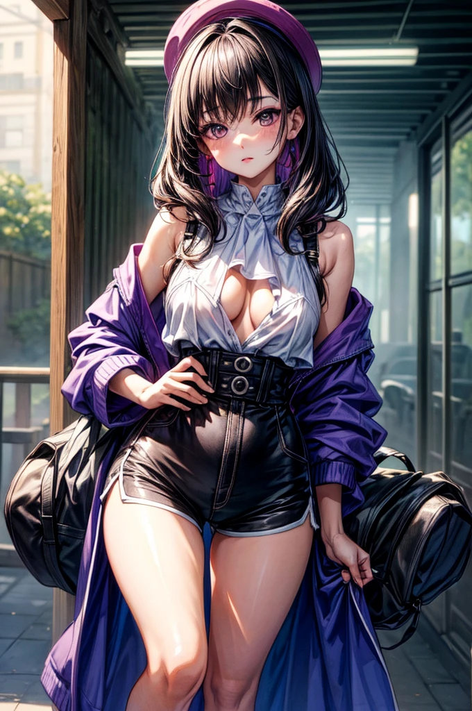 ((Sketch)), ((Watercolor)), ((best quality)), ((masterpiece)), (detailed), 4k image, anime style, beautiful young girl, young 1 ager, her aura oozes youth, tanned white skin, oval shaped face, cherry pink lips, big round velvet colored eyes, C-cup breasts, sharp and arrogant facial features, slender body yet curvy type, full oversized hoodie reaching thighs(one color), loose dolphin shorts, Sleek waist length dark violet purple-black hair, small narrow waist, small but full curvy hips, tall height(175cm)