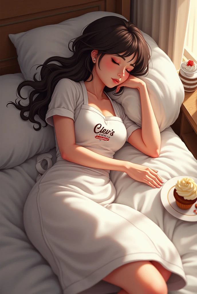 a lady baker with long hair wearing apron with a logo " Clev's Cakes and Cupcakes " sleeping lying in a bed side ways and while hugging a pillow , there is a cake in her background also baking materials