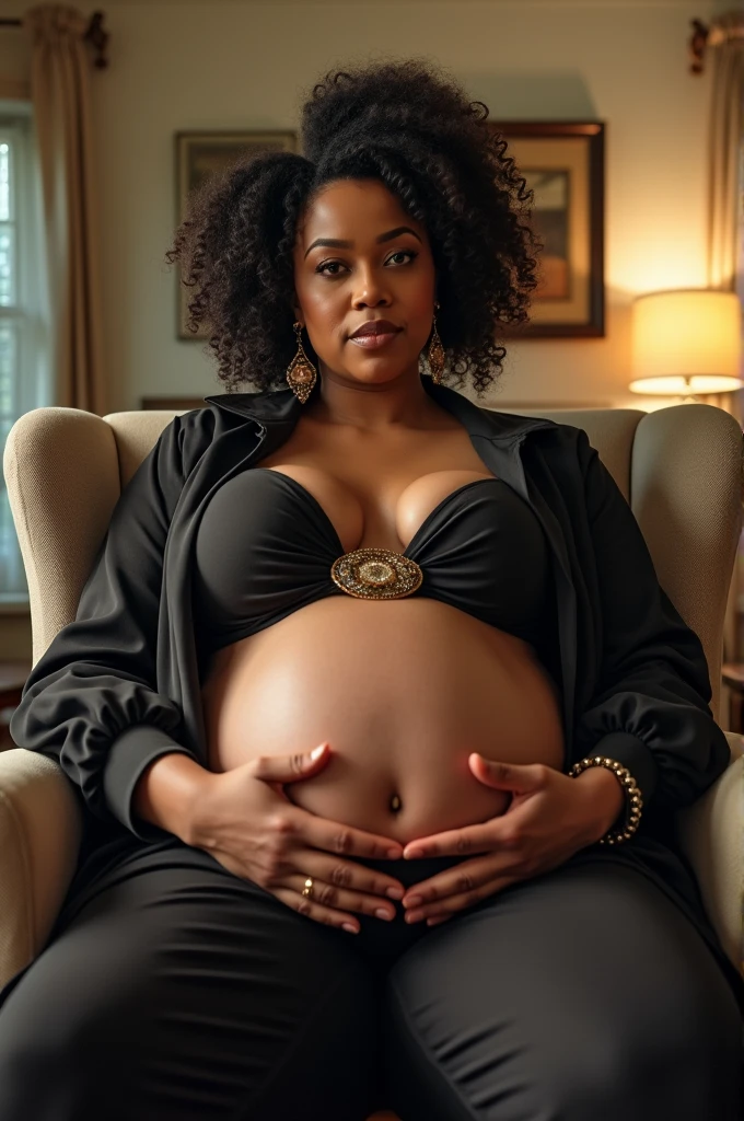 Your POV view from below when Cardi B&#39;s plus size stepmother who is heavily pregnant and sitting on a chair at home with a giant and tall posture from the front looks at you.. HD, cinematic, Photorealistic, fisheye camera view, iphone camera style