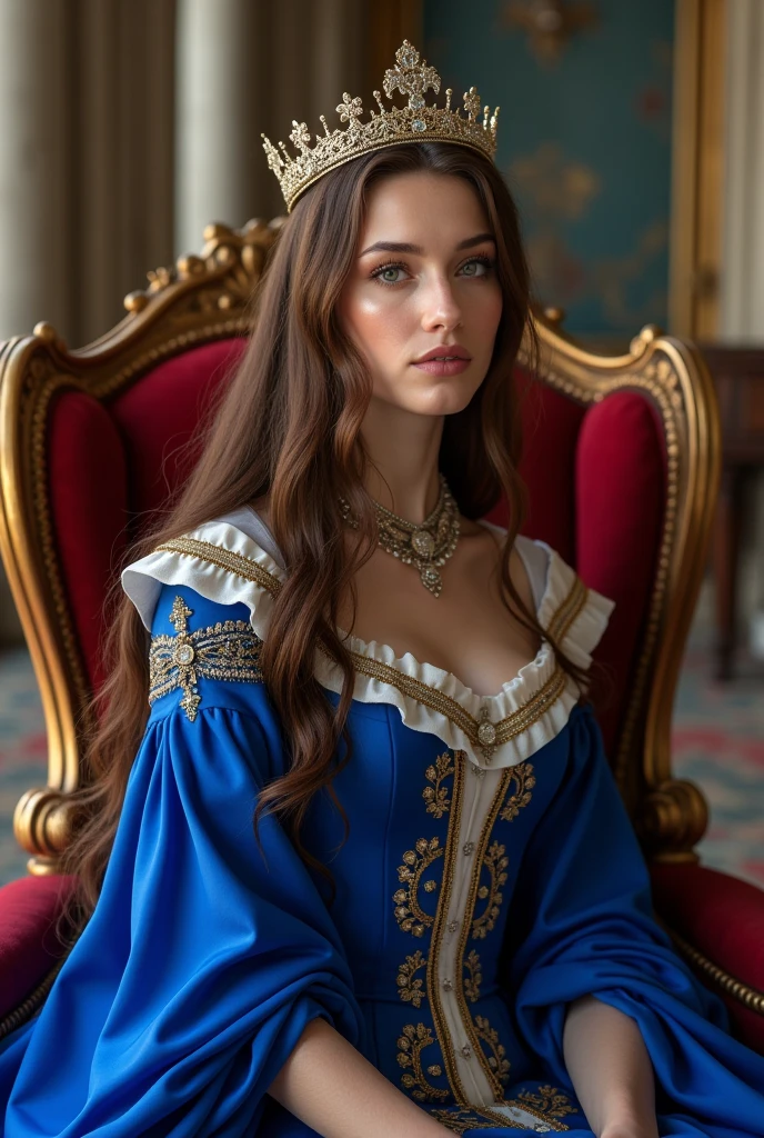 French royal woman with long brown hair and unmatched body wearing a crown and royal blue dress in a castle sitting in an armchair