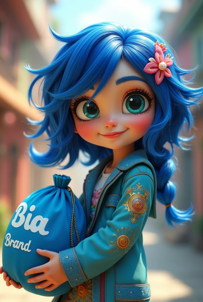 create a fun character from the movie all sky blue with dark blue hair and water green eyes holding a blue “bia brand” bag of clothes