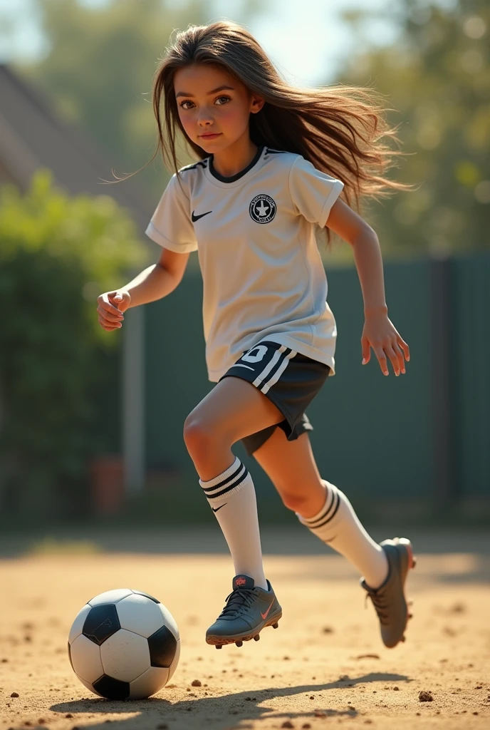 famous girl playing soccer at home, Brown hair, realist