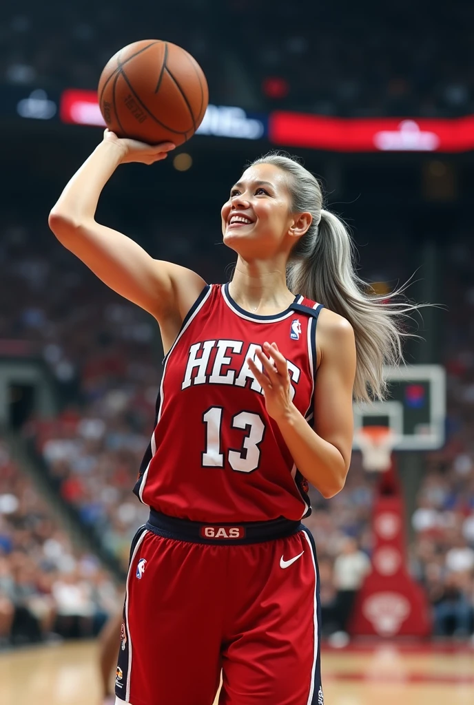A beautiful youthful looking white Asian women as a 50 years old woman with very long hair completely gray hair in a 90s ponytail as a retired NBA player wearing her old NBA jersey shooting the ball in the basket in a nba stadium she is smiling for the camera