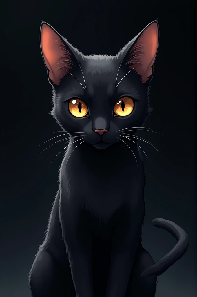 Black cat with amber eyes,  anime styling, black backdrop.