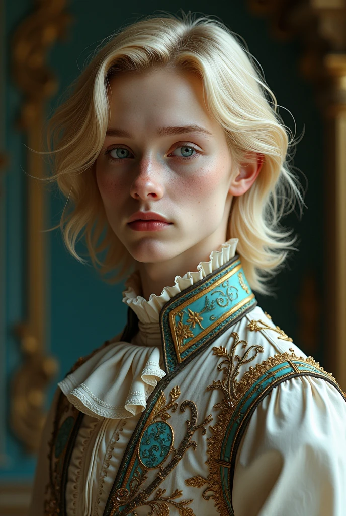 Photorealistic digital (absurd, High resolution, Super detailed), 1 young man, Effeminate, blue eyes,blonde hair in waves and shoulder-length layers, Perfect skin, gentle, female face, round chin. lonely, Baroque, victorian clothing, long sleeve, elegant, rich and colorful, the most detailed.