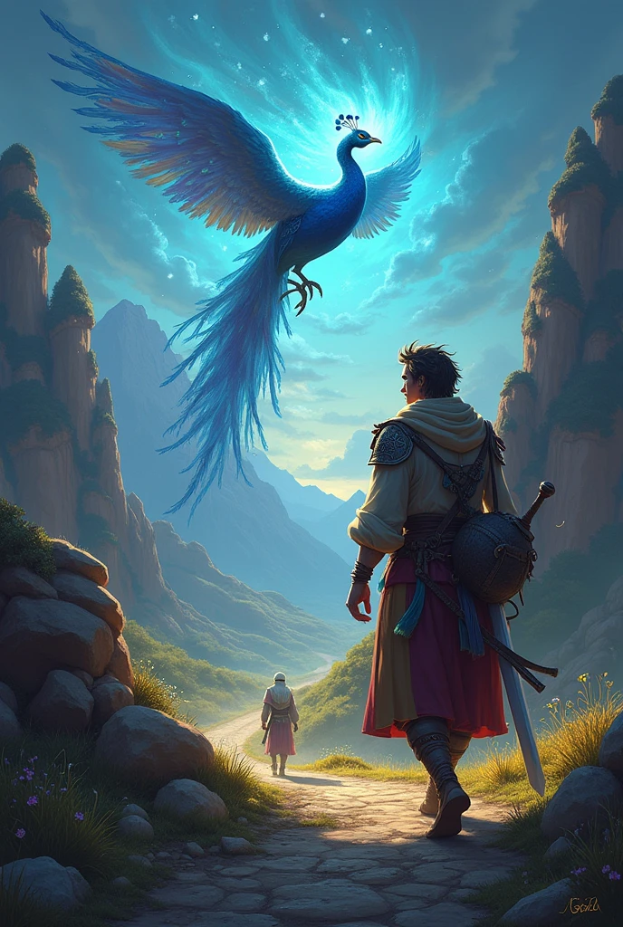 John Guerreiro na Terra Distante:

A scene depicting a distant and exotic landscape, with mountains in the background and a rising sun. At the center, John Guerreiro, a brave young man with a sword at his waist and a determined expression, gazing at the horizon.
Hearing about the Enchanted Bird:

John Guerreiro sentado em uma taverna rústica, listening to a mysterious traveler tell the story of the enchanted bird. No fundo, a window shows the glow of the bird flying in the distance, with bright, multicolored feathers.
The Mysterious Peacock:

The mysterious peacock flying in the sky, with long, colorful feathers, radiating light and magic. In floor, people watch the peacock with expressions of admiration and surprise, capturing the enchantment of the moment.
John Partindo em sua Jornada:

John, armed with his sword and backpack, walking towards a winding road that disappears into the horizon. Ao fundo, mountains and valleys suggest the challenges he will face. The sky is vast and open, symbolizing the adventure that awaits you.
Meeting with the wise:

John encontra um velho sábio de barba longa e branca, sitting under an ancient tree. The wise man gestures as he speaks, e John escuta atentamente. The environment is serene, with flowers and leaves falling gently around.
The Wisdom of the Sage:

A symbolic representation of the wise man&#39;s advice, with the peacock in the background, standing out among the clouds. The image conveys the idea of purity and the search for something beyond the material., com John pensativo ao lado do sábio.
John Avistando o Pavão:

John no topo de uma montanha, seeing the peacock in the distance, illuminated by sunbeams that penetrate the clouds. He looks amazed and calm, ready to find the truth you seek.
John e o Pavão:

O pavão descendo suavemente em frente a John, its feathers shining with vibrant colors. John se ajoelha em reverência, recognizing the majesty of the creature. The scene has a magical and deeply understanding tone..
The Peacock Flying Freely:

O pavão voa livremente pelo céu enquanto John, now wiser