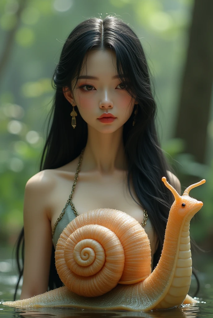 A humanoid snail woman. Her upper body it's of a human woman with long straight black hair, delicate asian features and a peaceful expression. Her lower body it's that of a snail, similar to a snake, she has a beautiful light brown she'll with sparkle nature. She is the one that inspires the Chinese myth of The River Snail Maiden. Blurred garden background.