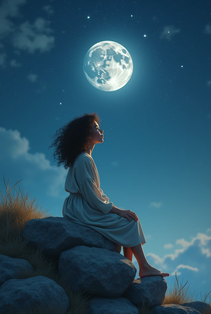 Make me a girl with curly hair sitting on some rocks looking at the sky, admiring the beauty of the stars and the moon, do your best