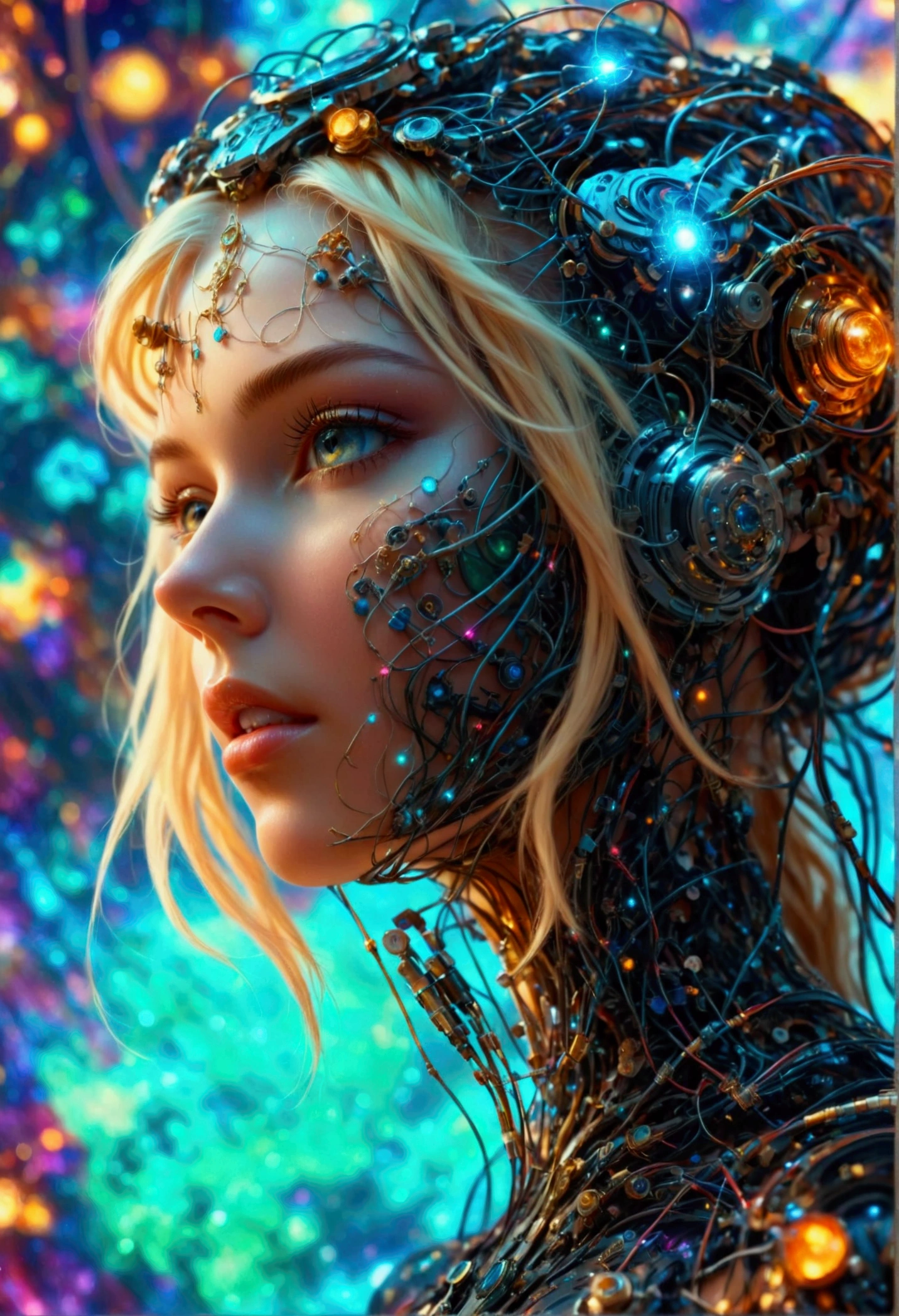 a close up of a woman with a head full of wires, karol bak uhd, beautiful digital artwork, blonde girl in a cosmic dress, 4k highly detailed digital art, digital art fantasy, digital art fantasy art, gorgeous digital art, digital fantasy art ), detailed fantasy digital art, digital fantasy art, beautiful sci fi art, cyborg goddess in cosmos