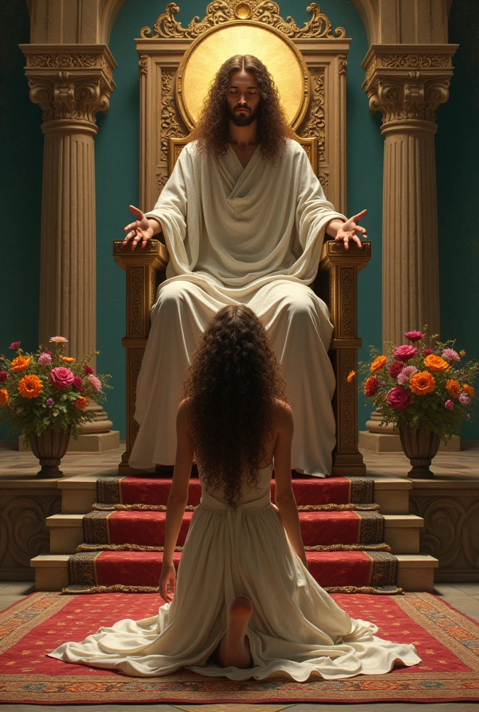 Curly-haired mystical woman prostrated in Persian court style in deep worship before God sitting on his biblical throne