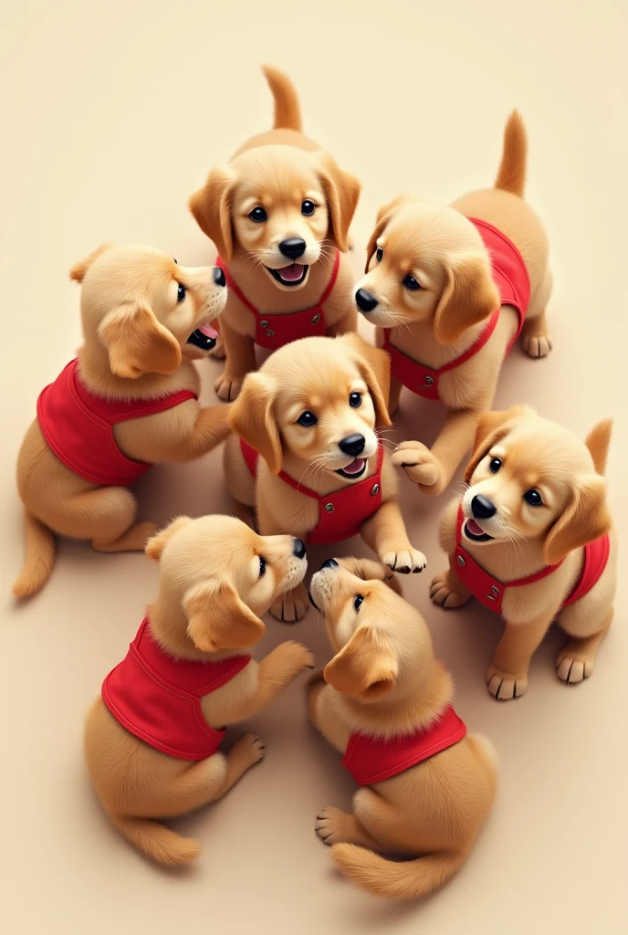 7 GOLDEN RETRIEVERS IN RED OVERALLS VIEWED FROM ABOVE