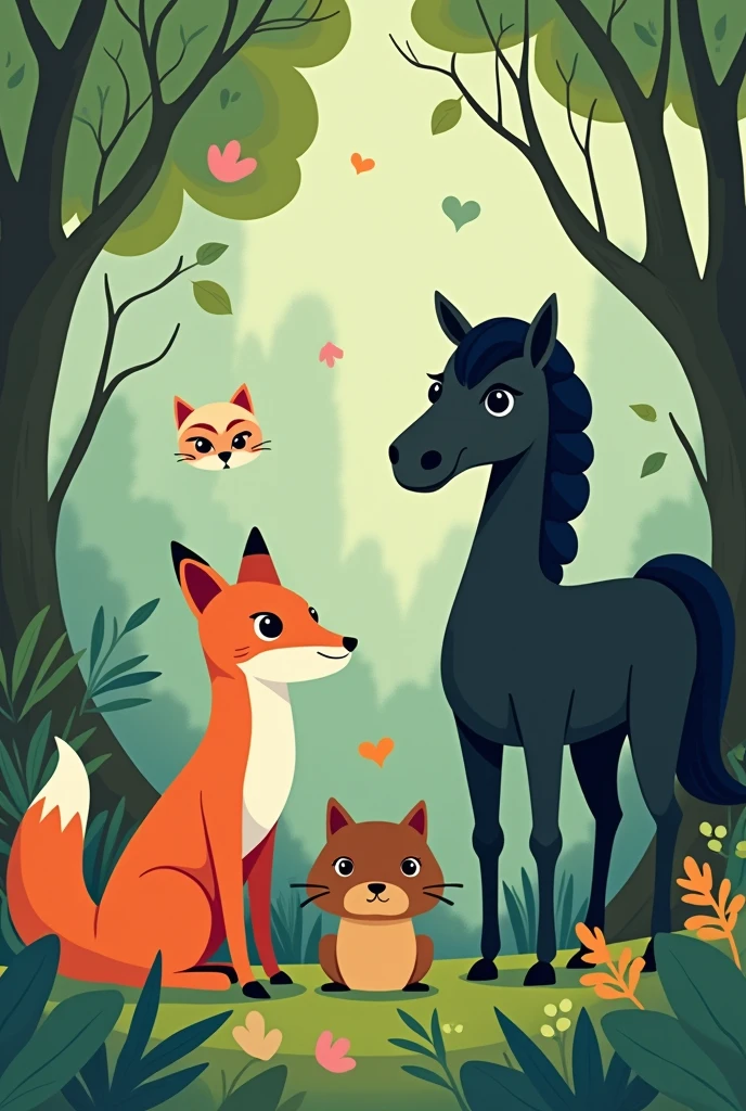 healthy and prosperous forest animals snake, fox, black horse, brown kabuki mask, sticker, 2d cute, fantasy, dreamy, vector illustration, 2d flat, centered, by Tim Burton, professional, sleek, modern, minimalist, graphic, line art, vector graphics
