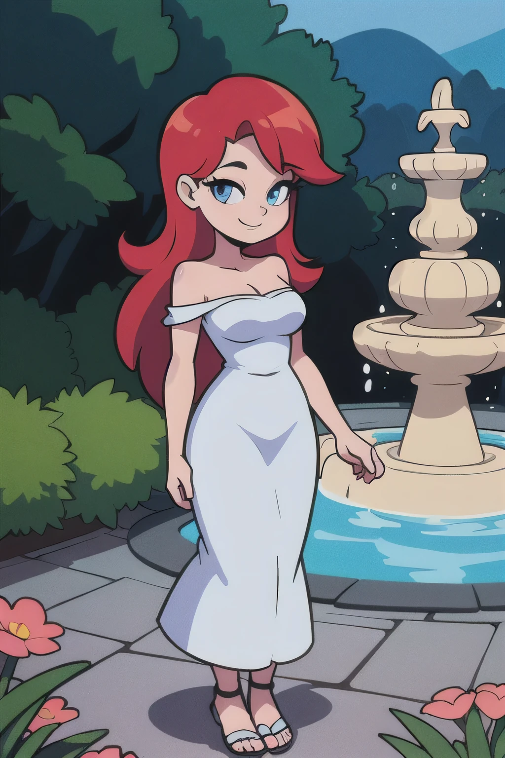 Best quality, Beautiful lighting, Ariel, long bright red hair, blue eyes, happy, 1 girl, solo, Bare Neck, Bare Arms, Bare Shoulders, white dress, Strapless White Ruffle Off-the-Shoulder Top, white maxi Skirt, Garden Background, water fountain, standing, looking at viewers