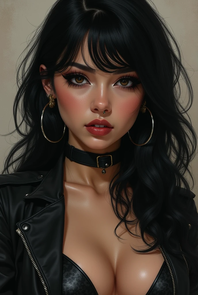 Girl with semi-long black hair, skin between white and brown, with a voluptuous and marked body, Dark brown semi-slanted eyes with an intense and mocking look and slight dark circles, about 1m tall,60cm. With a piercing (SEPTUM) on the nose, small but full lips, forehead neither too big nor too small. Black and marked clothing. 