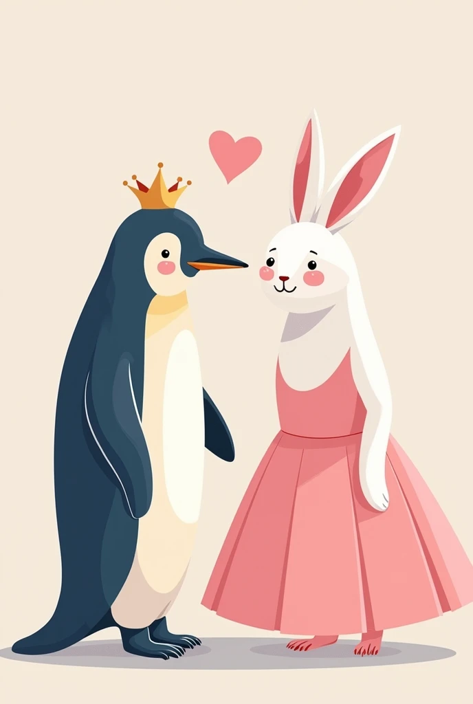 Create illustration of a tall penguin talking with a white tall bunny in a gown in soft shades of pink and blue wearing a crown tiara. The penguin should be focused. Penguin have hearts in his eyes, reflecting the fuzzy warmth he feels in his heart while engaging with the bunny. The overall atmosphere should be soft and inviting, with gentle lighting and a background that enhances the feeling of warmth and comfort. The characters should be expressive, showcasing the affectionate and joyful bond between them. Flat illustration, Vector illustration