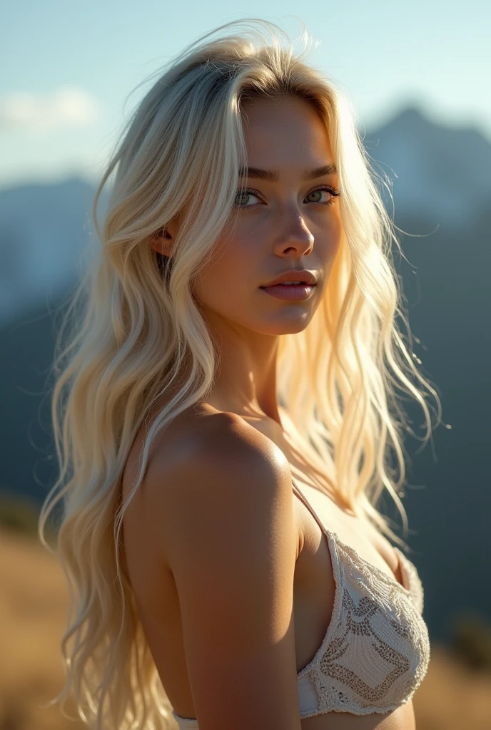 Cinematographic shot, centred, cinematrographic, intricately detailed, worked, meticulous, magnificent, maximum details, extremely hyperaesthetic, (((1girl, 独奏))), 18-years old, long hair, cabelo blond, Caucasian skin, cabelo blond, new, realisitic , neckleace, Raby, humida, sweat, very thin and long legs, the spectators can see the whole body, standingn, portrait of a , (muka:1.2), side-lighting, (beautiful finely detailed eyes: 1.2), master part, standing model pose, don, Detailed texture skin, detailed cloth texture, beautiful and detailed face, master part, best quality, ultra detaild, HiqcgCorpo, Lustrous Skin, abs, NSFW:1.2, (ulzzang-6500-v1.1:0.8), top-quality, Work before, ultra high def, (Foto realisitic: 1.4), Foto RAW, ((16+,A girl is naked ), (crotch exposed:1.5), (mid chest: 1.5), (medium butt: 1.5), shining skin, Eyes seductive, fully body, whitish hair. (hiperrealisitic), (illustration), (high resolution), (8k), (extremely detaild), (best illustration), (beautiful eyes detailedbest quality), (super verbose), (work of art), (wall-paper), (muka detalhado), standing alone, 1 girl, blond, heterochromic eyes, new , (crotch exposed), Legs long, tight abdomen, no chest leak, (((flat-chested))), (camel toe), (see through), background mountains , standing